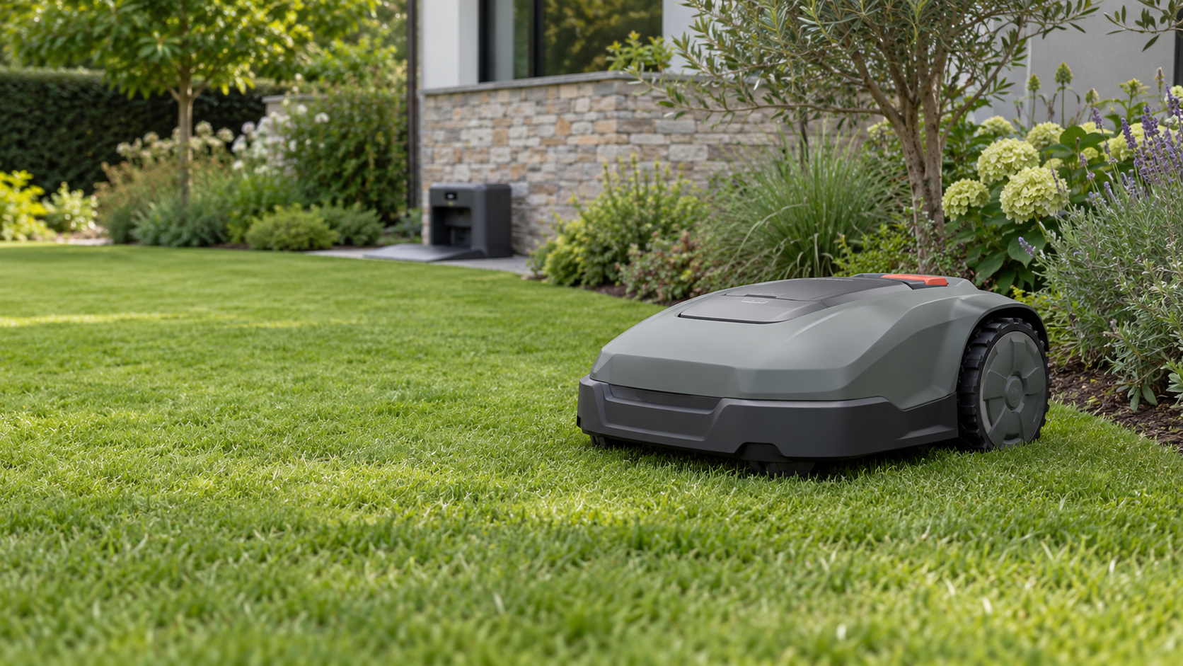 Robotic mower in a carefully kept garden